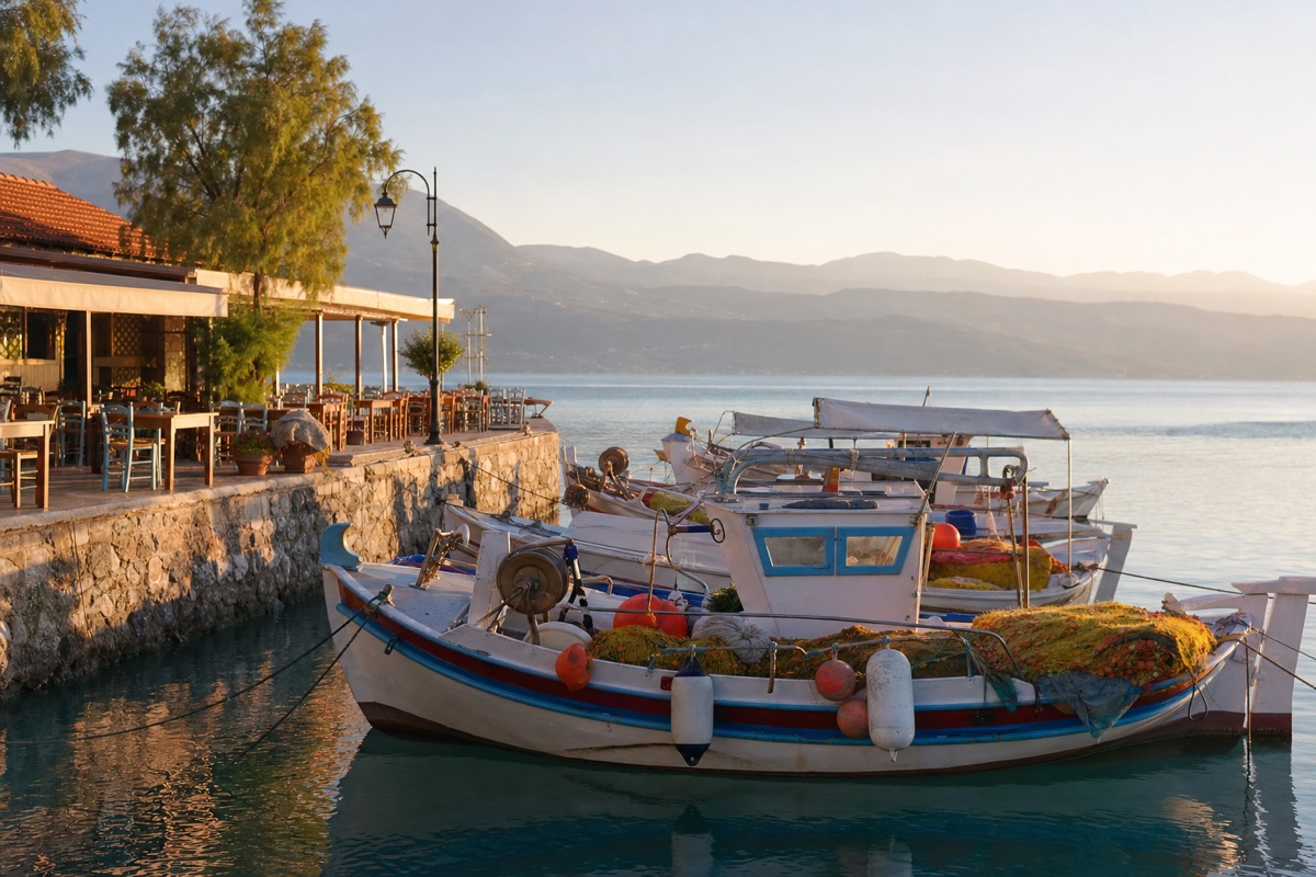 Παραδοσιακά καΐκια στο λιμάνι · Traditional fishing boats in the harbor