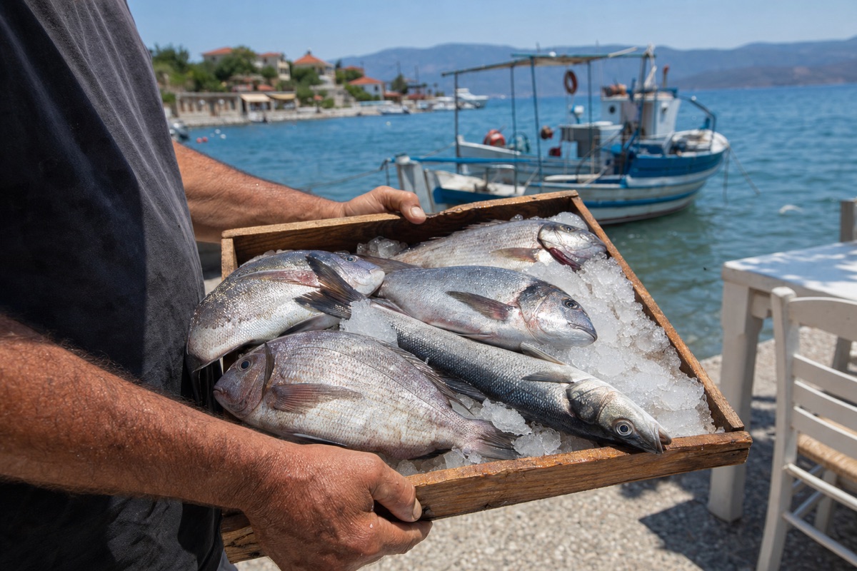 Η σημερινή ψαριά σε πάγο · The day's catch on ice