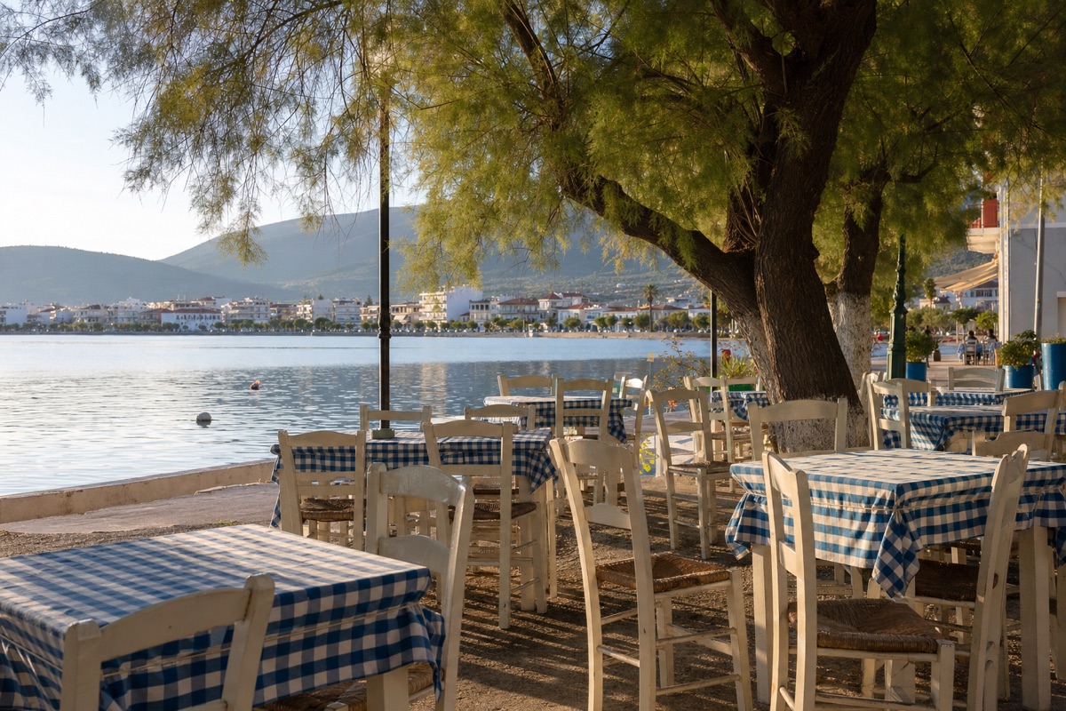 Τραπέζια στην προκυμαία · Tables on the seafront promenade